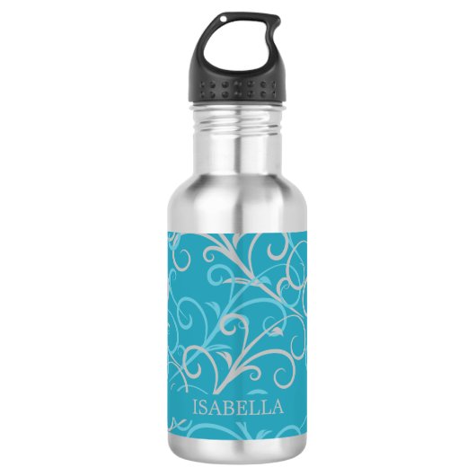 Feminine Aqua Blue Swirl - Gepersonaliseerd Waterfles (Voorkant)