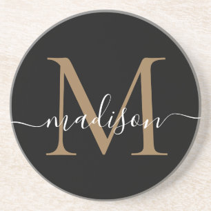 Feminine Black Gold Monogram script elegant modern Zandsteen Onderzetter