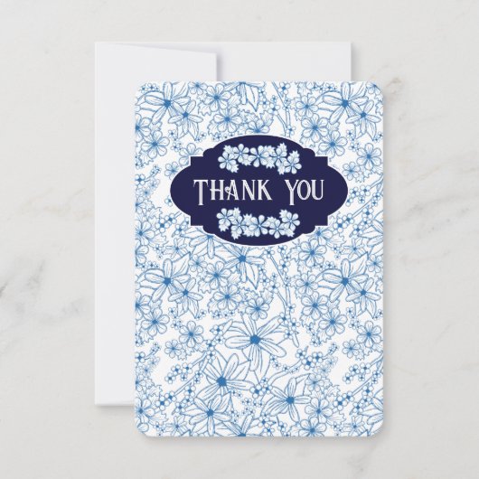 Feminine Blue Floral Pattern, Blank Bedankkaart (Voorkant)