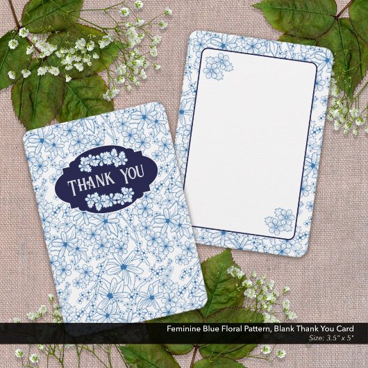 Feminine Blue Floral Pattern, Blank Bedankkaart
