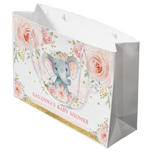Feminine Blush Elephant Floral Baby shower Groot Cadeauzakje (Achterkant Gekanteld)