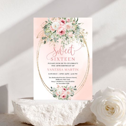 Feminine Blush Floral Gold Sweet 16 Invitation Kaart