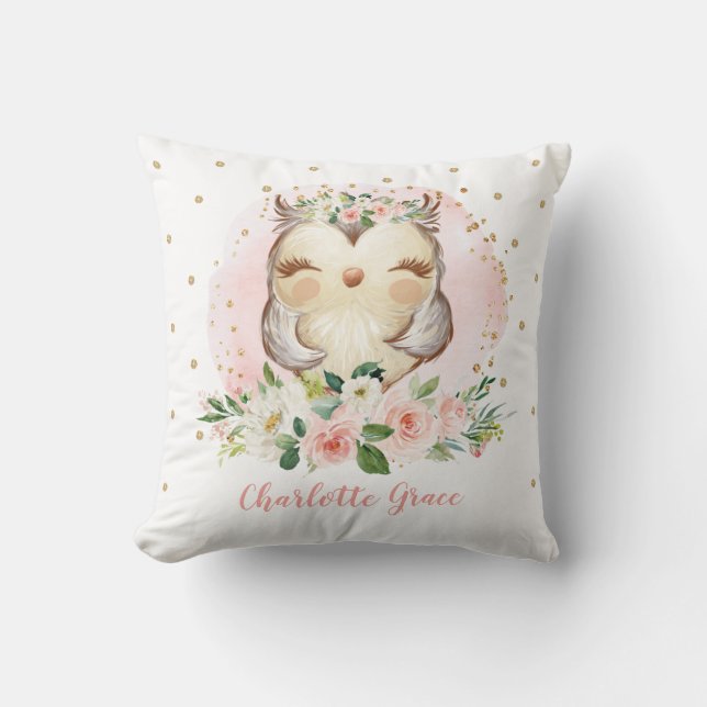Feminine Blush Gold Floral Owl Girl Nursery Kussen (Voorkant)