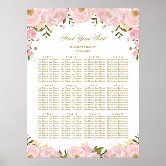 Feminine Blush Gold Floral Wedding Seating Chart Poster (Voorkant)