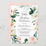 Feminine Blush Pink Floral 70th Birthday Party Kaart<br><div class="desc">Een prachtig vrouwelijke 70ste verjaardagsfeestuitnodiging, omgeven door een grove poot van wazige roze en witte waterverf rozen en met grijze omtrek. De kleurencombinaties zijn zowel vrouwelijk als vrolijk om je gasten voor te bereiden op een vrolijke viering. Personaliseer met uw gebeurtenisdetails door de steekproeftekst te vervangen die in de ontwerp...</div>