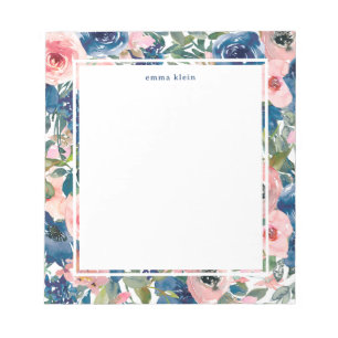 Feminine Blush Pink Navy Blue Floral Pattern Notitieblok