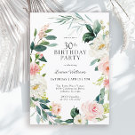 Feminine Blush Roos Bloemen 30ste Verjaardag Party Kaart<br><div class="desc">Een prachtig vrouwelijke 30e verjaardagsfeestuitnodiging omlijst in een krans van blozend roze en witte waterverf rozen en slepend groen. De kleurencombinaties zijn zowel vrouwelijk als vrolijk om je gasten voor te bereiden op een vrolijk feest. Personaliseer met uw gebeurtenisgegevens door de voorbeeldtekst in de sjabloon van het ontwerp te vervangen....</div>