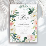 Feminine Blush Roos Bloemen 40ste Verjaardag Party Kaart<br><div class="desc">Een prachtig vrouwelijke 40e verjaardagsfeestuitnodiging omlijst in een krans van blozend roze en witte waterverf rozen en slepend groen. De kleurencombinaties zijn zowel vrouwelijk als vrolijk om je gasten voor te bereiden op een vrolijk feest. Personaliseer met uw gebeurtenisgegevens door de voorbeeldtekst in de sjabloon van het ontwerp te vervangen....</div>