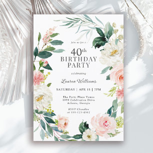 Feminine Blush Roos Bloemen 40ste Verjaardag Party Kaart