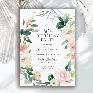 Feminine Blush Roos Bloemen 50ste Verjaardag Party Kaart