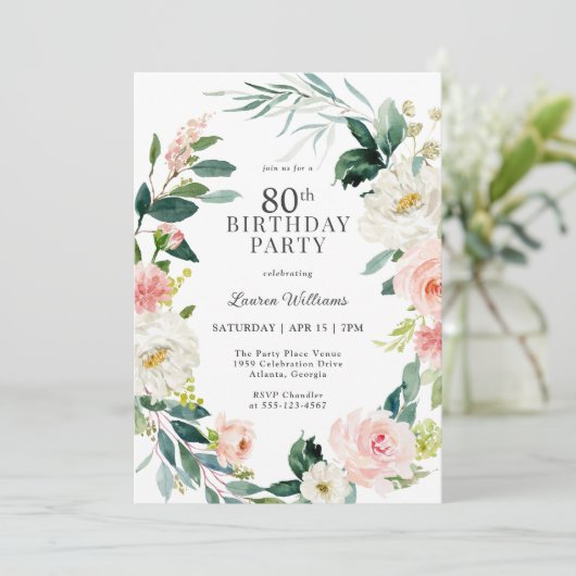Feminine Blush Roos Bloemen 80ste Verjaardag Party Kaart (Staand voorkant)