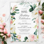 Feminine Blush Roos Floral 60th Birthday Party Kaart<br><div class="desc">Een wonderbaarlijk vrouwelijk 60ste verjaardagsfeest, opgezet in een grove poot van wazige roze en witte waterverf rozen en het slepen groenery. De kleurencombinaties zijn zowel vrouwelijk als vrolijk om je gasten voor te bereiden op een vrolijke viering. Personaliseer met uw gebeurtenisdetails door de steekproeftekst te vervangen die in de ontwerp...</div>