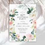 Feminine Blush Roos Floral 60th Birthday Party Kaart<br><div class="desc">Een prachtig vrouwelijke 60e verjaardagsfeestuitnodiging omlijst in een krans van blozend roze en witte waterverf rozen en slepend groen. De kleurencombinaties zijn zowel vrouwelijk als vrolijk om je gasten voor te bereiden op een vrolijk feest. Personaliseer met uw gebeurtenisgegevens door de voorbeeldtekst in de sjabloon van het ontwerp te vervangen....</div>