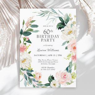 Feminine Blush Roos Floral 60th Birthday Party Kaart