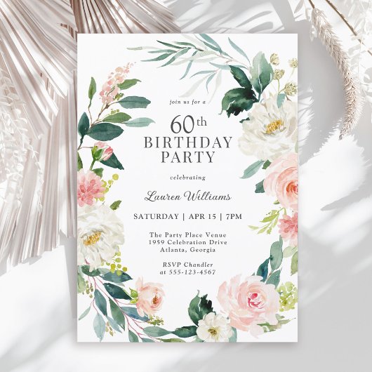 Feminine Blush Roos Floral 60th Birthday Party Kaart