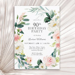 Feminine Blush Roos Floral 90th Birthday Party Kaart<br><div class="desc">Een prachtig vrouwelijke 90e verjaardagsfeestuitnodiging omlijst in een krans van blozend roze en witte waterverf rozen en slepend groen. De kleurencombinaties zijn zowel vrouwelijk als vrolijk om je gasten voor te bereiden op een vrolijk feest. Personaliseer met uw gebeurtenisgegevens door de voorbeeldtekst in de sjabloon van het ontwerp te vervangen....</div>