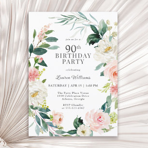 Feminine Blush Roos Floral 90th Birthday Party Kaart