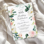 Feminine Blush Roos Floral 90th Birthday Party Kaart<br><div class="desc">Een wonderbaarlijk vrouwelijk feest op de 90ste verjaardag, opgezet in een grove poot van wazige roze en witte waterverf rozen en het slepen van groenheid. De kleurencombinaties zijn zowel vrouwelijk als vrolijk om je gasten voor te bereiden op een vrolijke viering. Personaliseer met uw gebeurtenisdetails door de steekproeftekst te vervangen...</div>