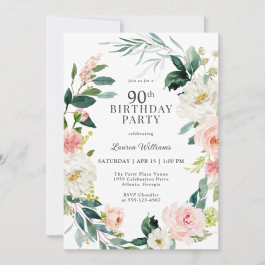 Feminine Blush Roos Floral 90th Birthday Party Kaart (Voorkant)