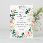 Feminine Blush Roos Floral 90th Birthday Party Kaart (Staand voorkant)
