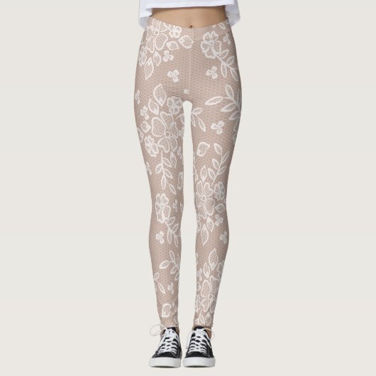 Feminine Blush & White Trendy Lace Yoga Leggings (Voorkant)