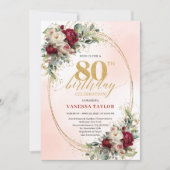 Feminine Boho Floral Burgundy 80th Birthday Invite Kaart (Voorkant)
