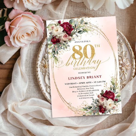 Feminine Boho Floral Burgundy 80th Birthday Invite Kaart