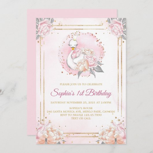 Feminine Boho Swan Princess Pink Blush Birthday Kaart (Voorkant / Achterkant)