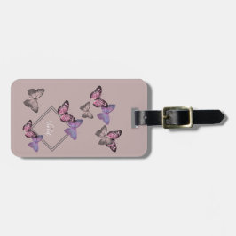 Feminine Butterfly Pattern w. Monogram - Roze grij Bagagelabel