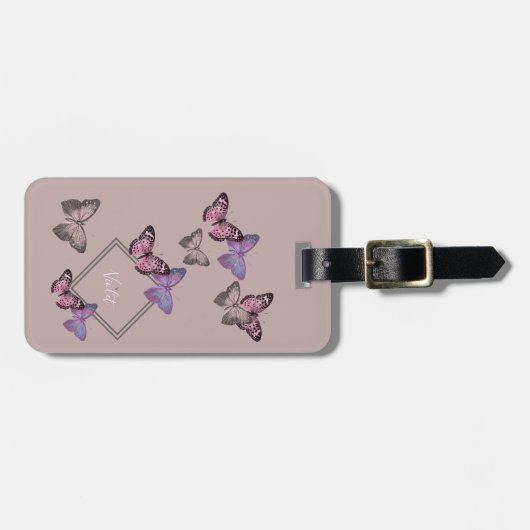 Feminine Butterfly Pattern w. Monogram - Roze grij Bagagelabel (Voorkant horizontaal)
