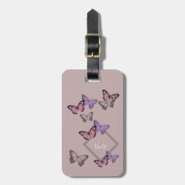 Feminine Butterfly Pattern w. Monogram - Roze grij Bagagelabel