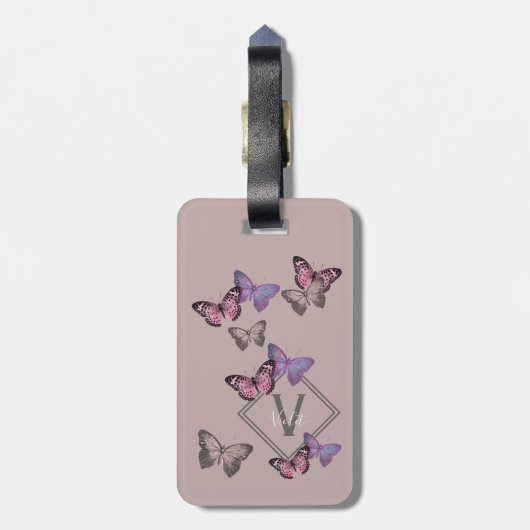 Feminine Butterfly Pattern w. Monogram - Roze grij Bagagelabel (Achterkant verticaal)