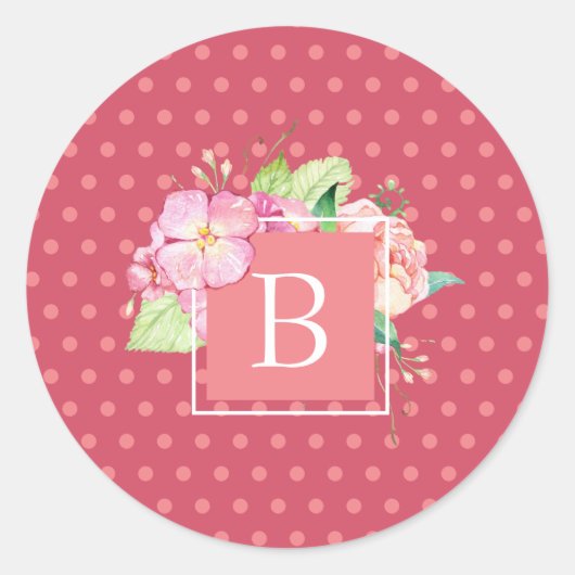 Feminine Chic Monogrammed Initiaal Pink Dot Floral Ronde Sticker (Voorkant)