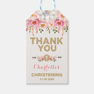Feminine Dreamweaver Pink Gold Floral Christening Cadeaulabel