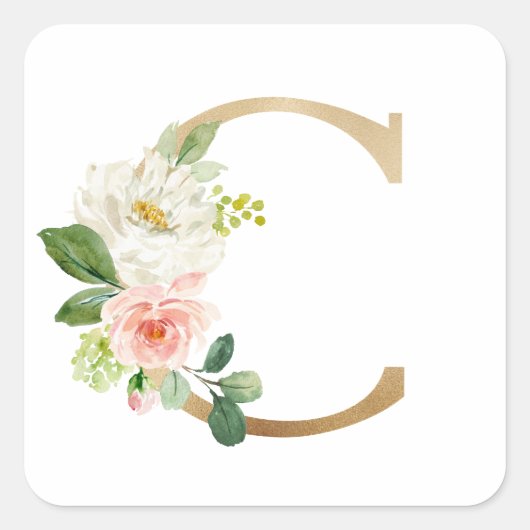 Feminine Faux Gold Foil Bloembrief C Monogram Vierkante Sticker (Voorkant)