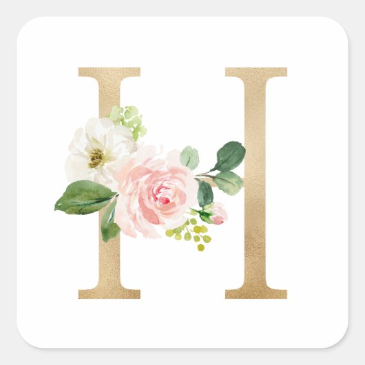 Feminine Faux Gold Foil Bloembrief H Monogram Vierkante Sticker (Voorkant)