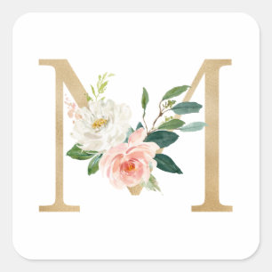 Feminine Faux Gold Foil Floral Letter M Monogram Vierkante Sticker