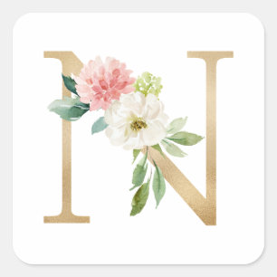 Feminine Faux Gold Foil Floral Letter N Monogram  Vierkante Sticker