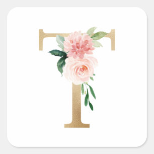 Feminine Faux Gold Foil Floral Letter T Monogram Vierkante Sticker