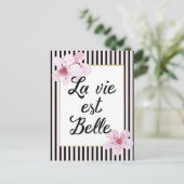 Feminine-Franse roze en zwarte strepen en bloemen Briefkaart (Staand voorkant)