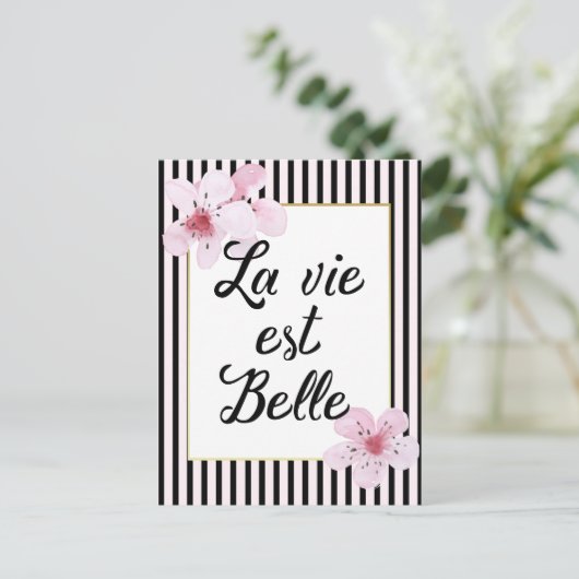 Feminine-Franse roze en zwarte strepen en bloemen Briefkaart (Staand voorkant)