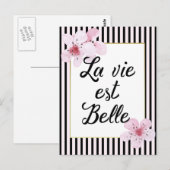 Feminine-Franse roze en zwarte strepen en bloemen Briefkaart (Voorkant / Achterkant)