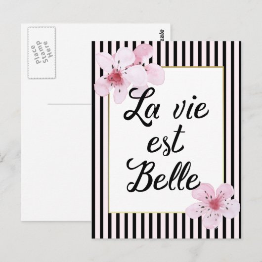 Feminine-Franse roze en zwarte strepen en bloemen Briefkaart (Voorkant / Achterkant)