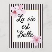 Feminine-Franse roze en zwarte strepen en bloemen Briefkaart (Voorkant)