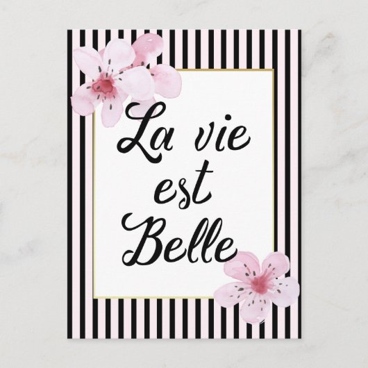 Feminine-Franse roze en zwarte strepen en bloemen Briefkaart (Voorkant)