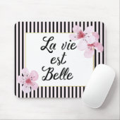 Feminine-Franse roze en zwarte strepen en bloemen Muismat (Met muis)