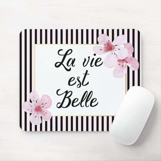 Feminine-Franse roze en zwarte strepen en bloemen Muismat (Met muis)