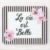 Feminine-Franse roze en zwarte strepen en bloemen Muismat (Voorkant)