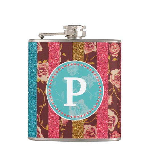 Feminine Glitter en Floral Monogram Heupfles (Voorkant)