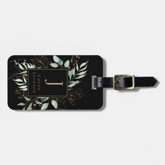 Feminine Gold Glitter Black Monogrammen  Bagagelabel (Voorkant horizontaal)